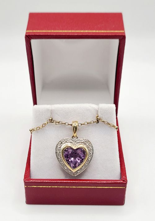 9ct Gold Amethyst & Diamond Heart Pendant & Gold Chain
