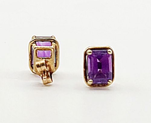 9ct Gold Amethyst Emerald Cut Earrings