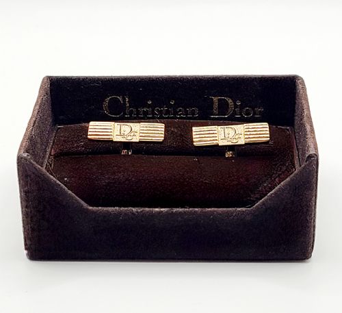 Dior Yellow Gold Tone Rectangular Logo Men's Cufflinks