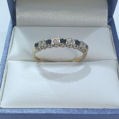 Vintage Brilliant Cut Sapphire & Diamond 9ct Gold Half Eternity Ring- Size O