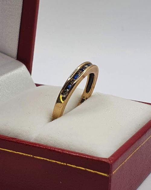 Vintage channel set Sapphire & Diamond 9ct Gold Half Eternity ring Size M