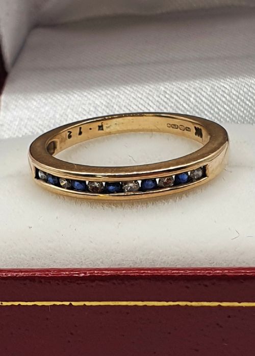 Vintage channel set Sapphire & Diamond 9ct Gold Half Eternity ring Size M