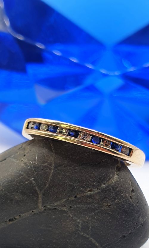 Vintage channel set Sapphire & Diamond 9ct Gold Half Eternity ring Size M