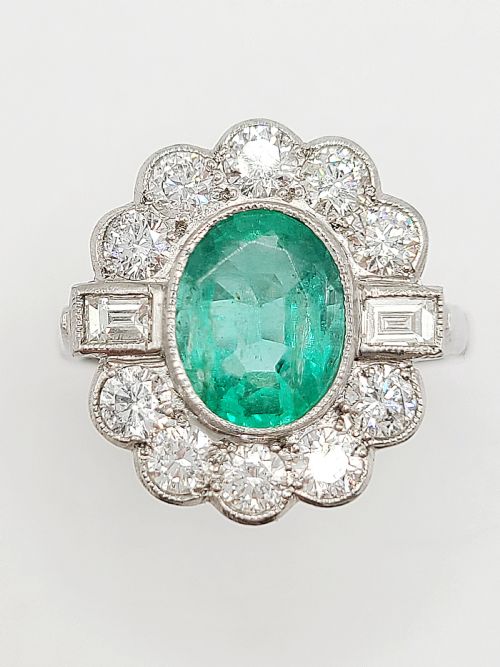 Natural Emerald (1.67ct) & Diamond (1.02ct) Halo Platinum Ring (N1/2)