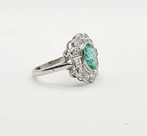 Natural Emerald (1.67ct) & Diamond (1.02ct) Halo Platinum Ring (N1/2)