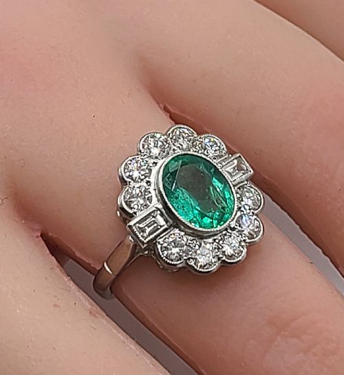 Natural Emerald (1.67ct) & Diamond (1.02ct) Halo Platinum Ring (N1/2)