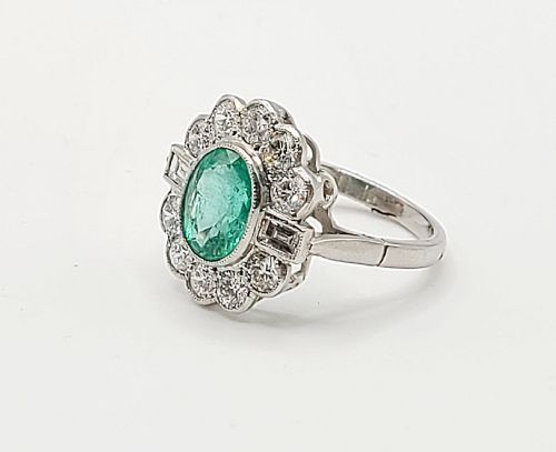 Natural Emerald (1.67ct) & Diamond (1.02ct) Halo Platinum Ring (N1/2)