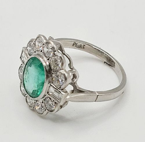 Natural Emerald (1.67ct) & Diamond (1.02ct) Halo Platinum Ring (N1/2)