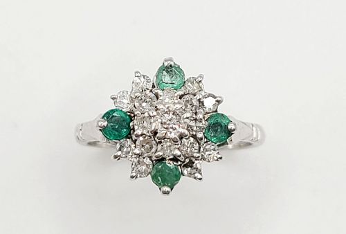 Emerald & Diamond Cluster on 9ct White Gold Ring (M1/2)