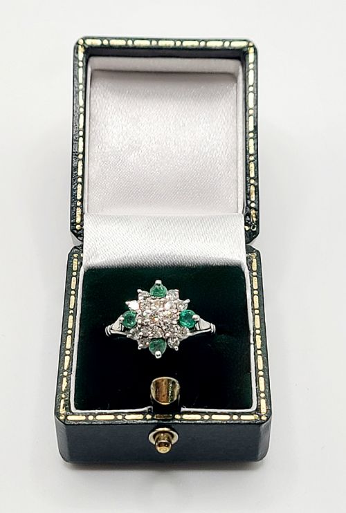 Emerald & Diamond Cluster on 9ct White Gold Ring (M1/2)