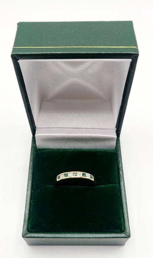 Emerald & Diamond Half Eternity Ring 9ct Gold (M1/2)