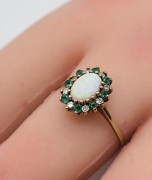Natural Opal, Emerald & Diamond 9ct Gold Ring (R)