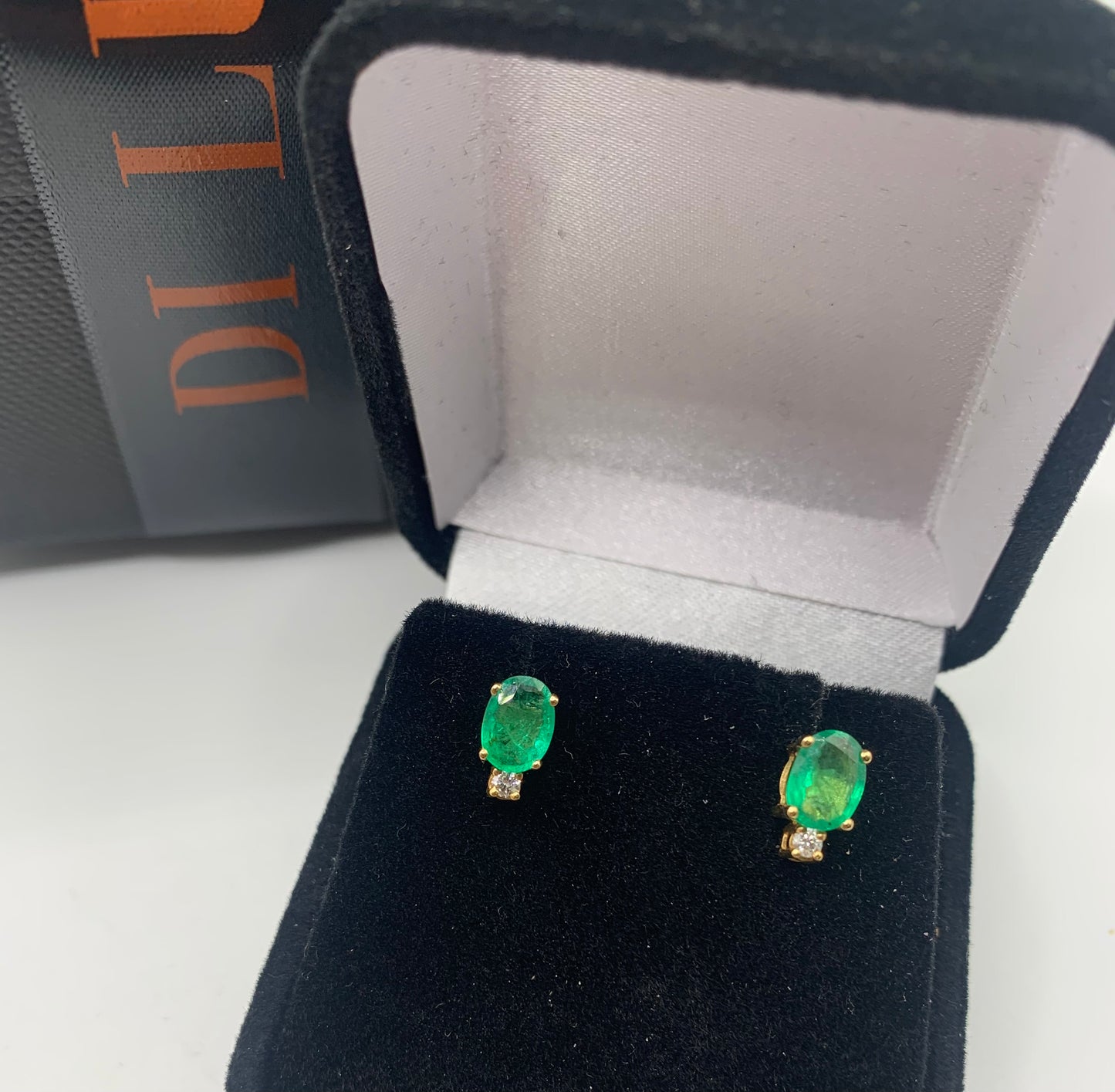 Fine Natural Emerald and Diamond 18ct Gold Stud Earrings.