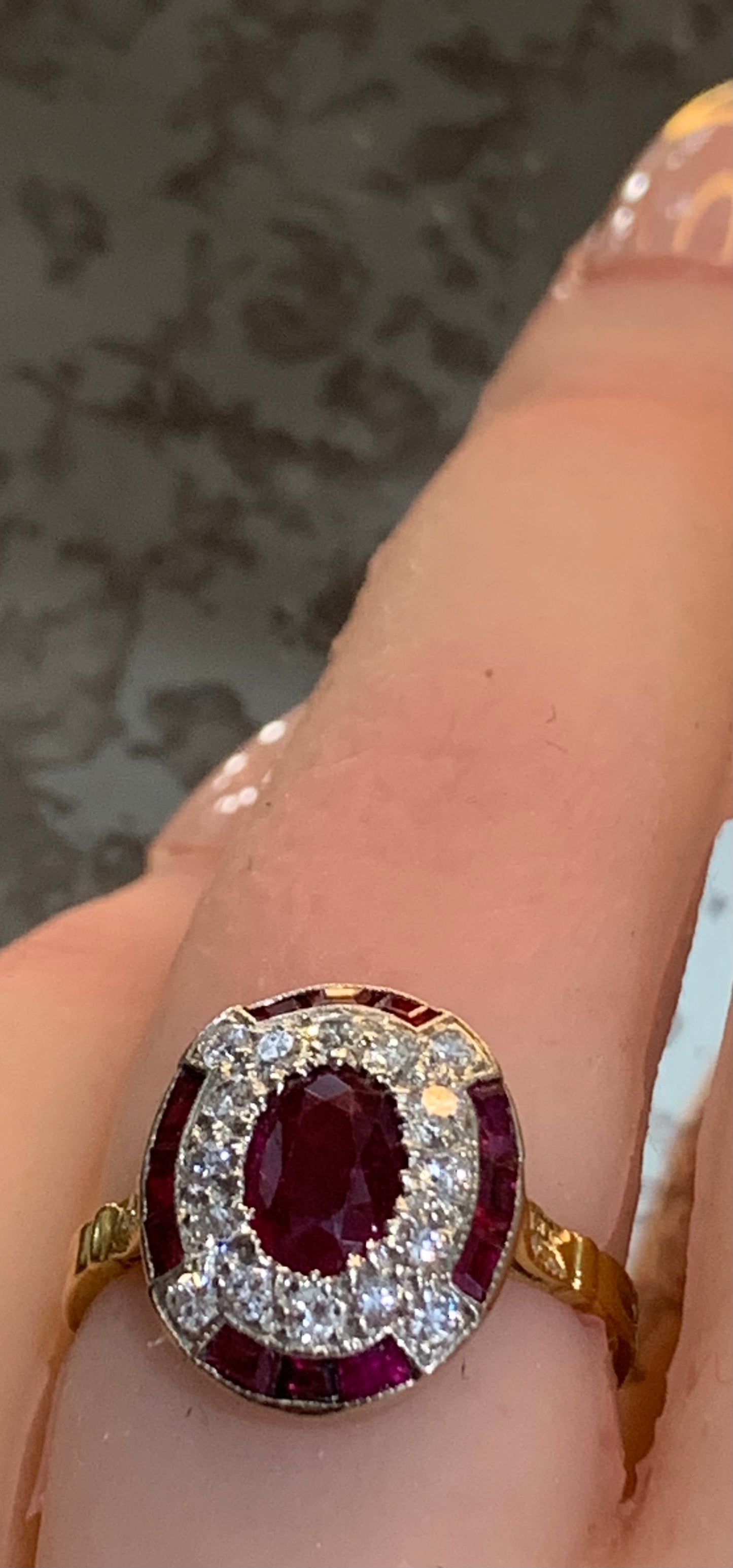 Exquisite French Art Deco Ruby & Diamond 18ct Gold Cluster - Size L