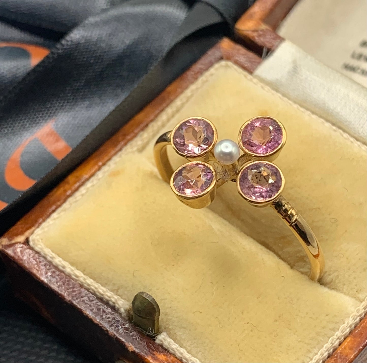 Victorian 15ct Gold Pink Tourmaline and Pearl Cluster Ring - Size S.