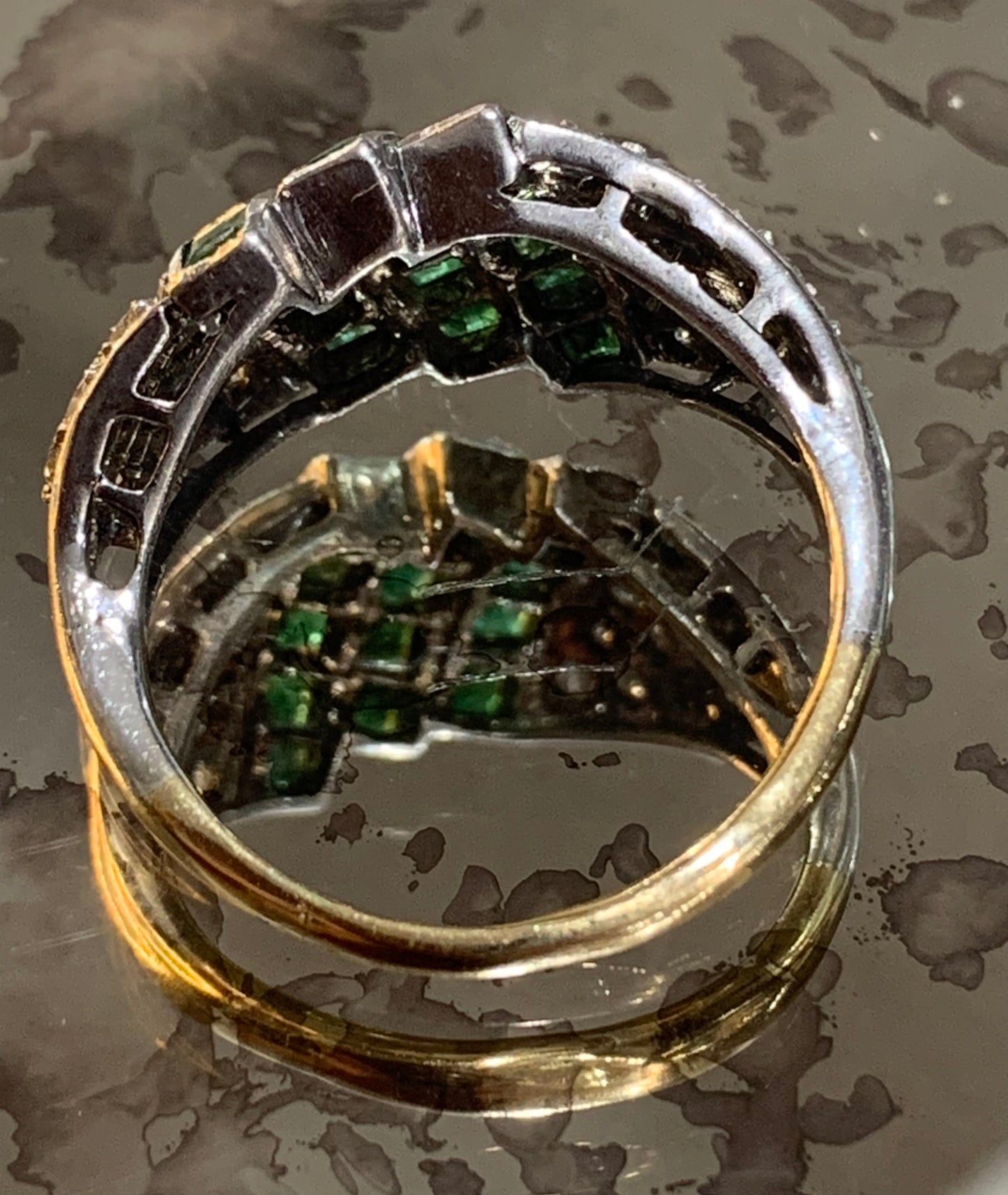 Art Deco Natural Emerald Diamond 18ct Yellow and White Gold Cluster Ring c 1920's - Size N.