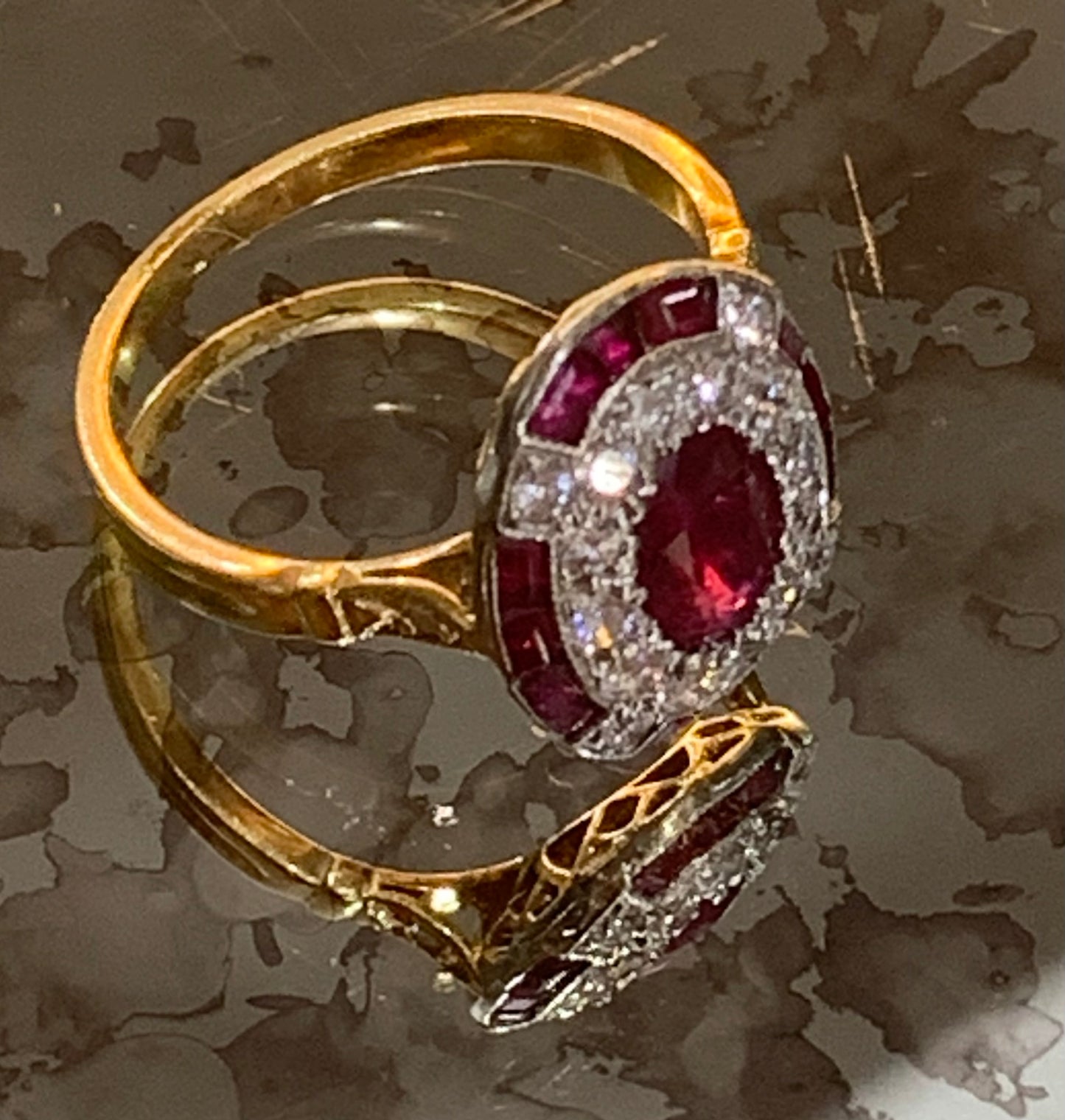Exquisite French Art Deco Ruby & Diamond 18ct Gold Cluster - Size L