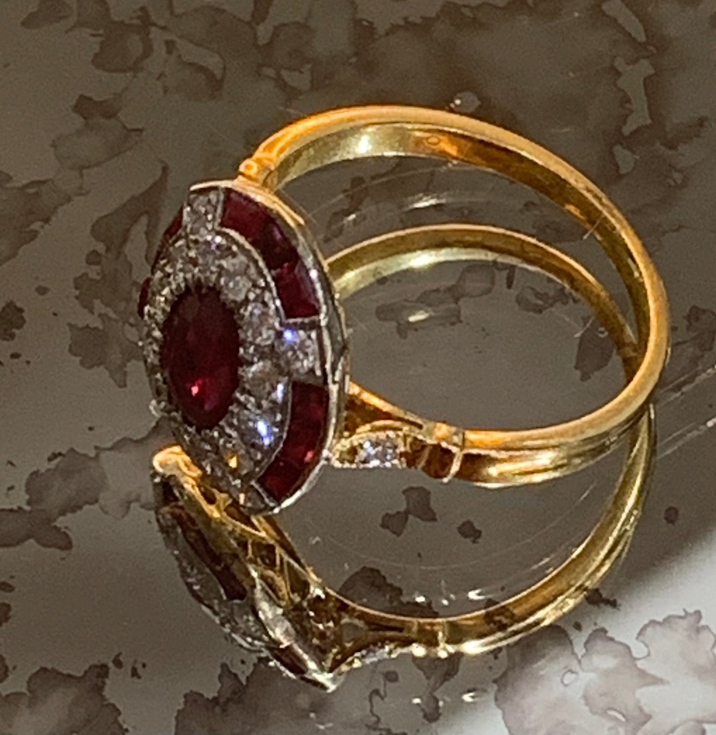 Exquisite French Art Deco Ruby & Diamond 18ct Gold Cluster - Size L