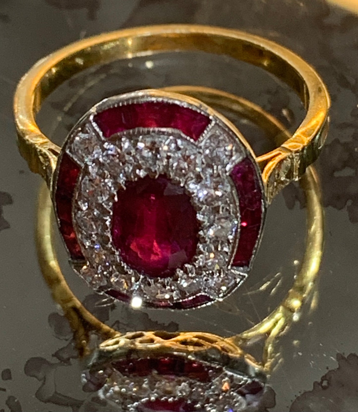 Exquisite French Art Deco Ruby & Diamond 18ct Gold Cluster - Size L