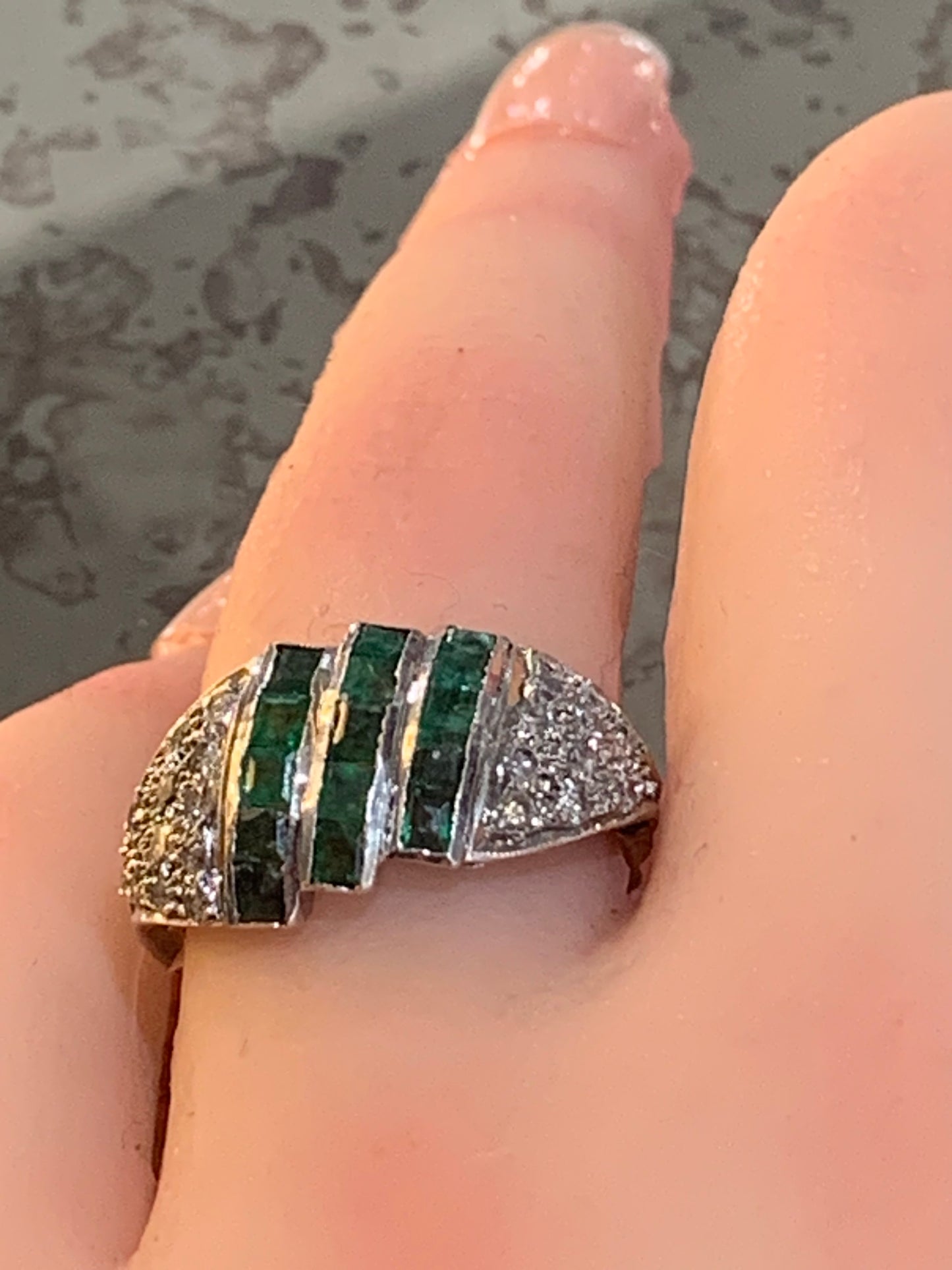 Art Deco Natural Emerald Diamond 18ct Yellow and White Gold Cluster Ring c 1920's - Size N.