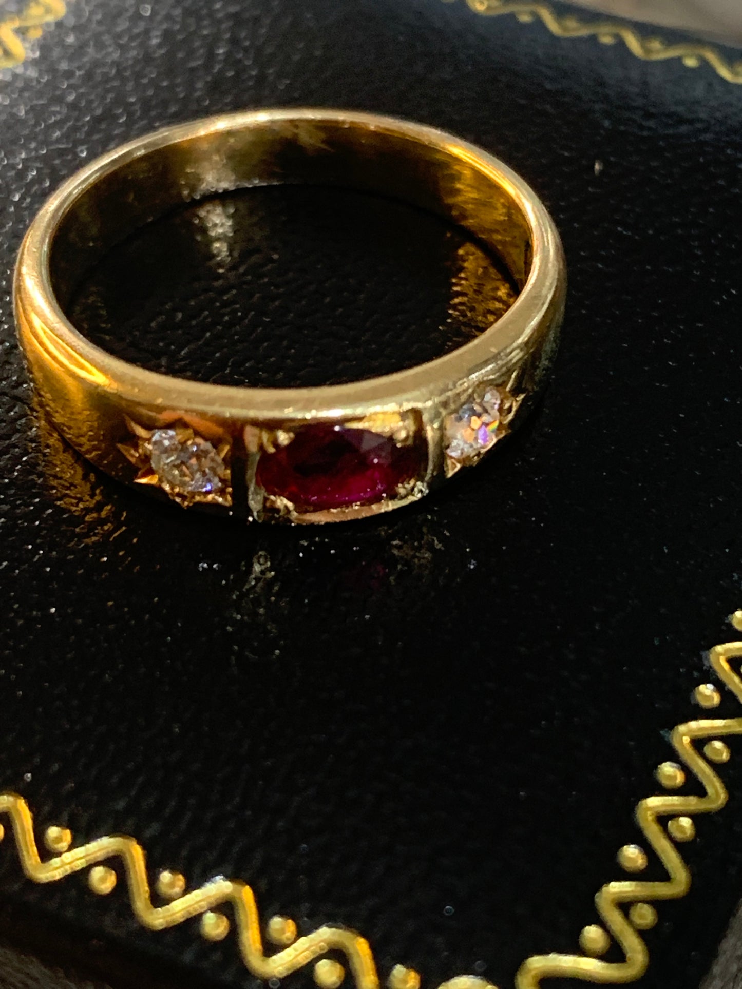 Victorian Ruby and Diamond 18ct Gold Gypsy Ring - Size N.
