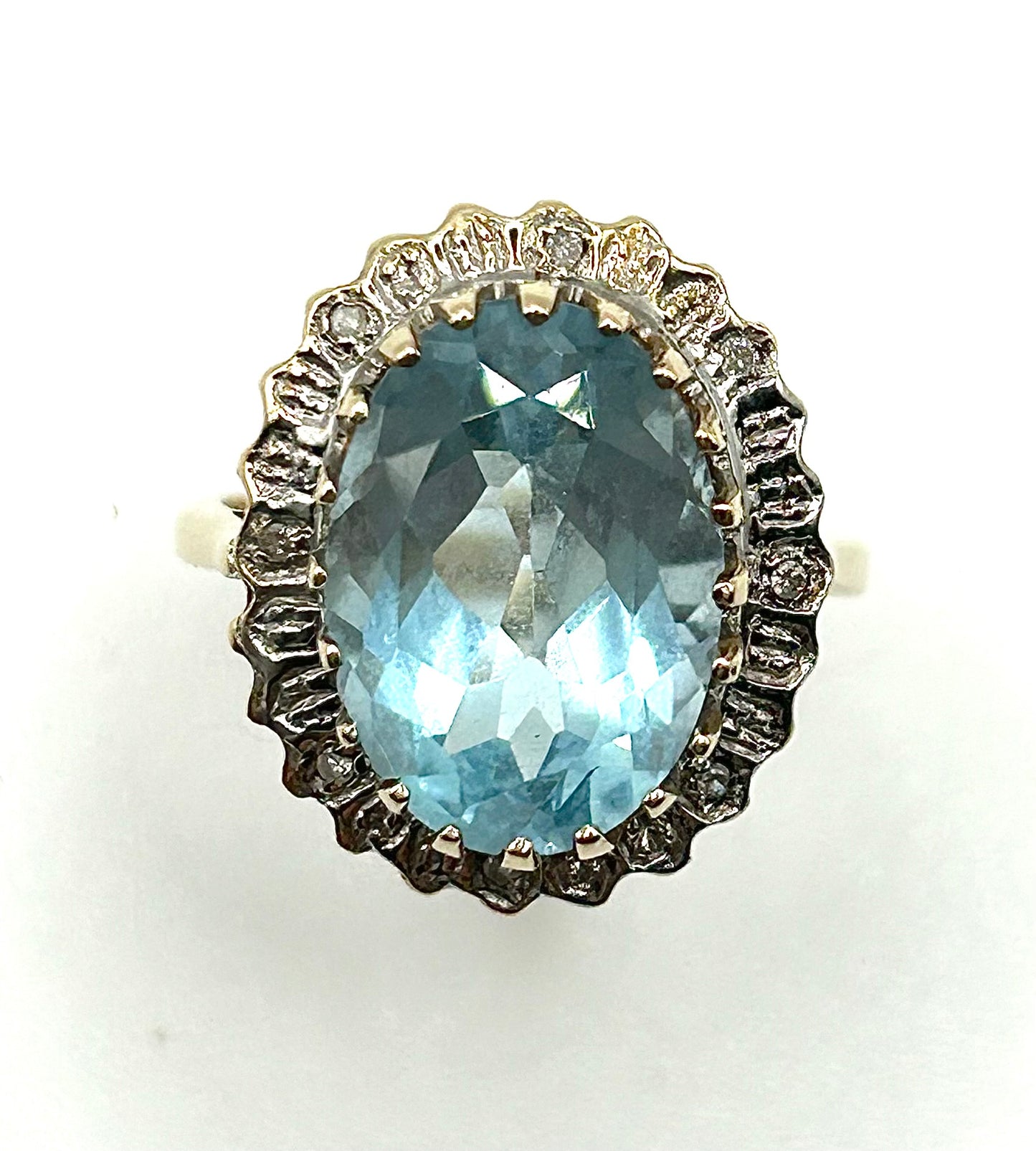 Large Vintage Oval Topaz 7.4ct Diamond Halo 9ct Gold Ring, Sheffield 1981 (M1/2)