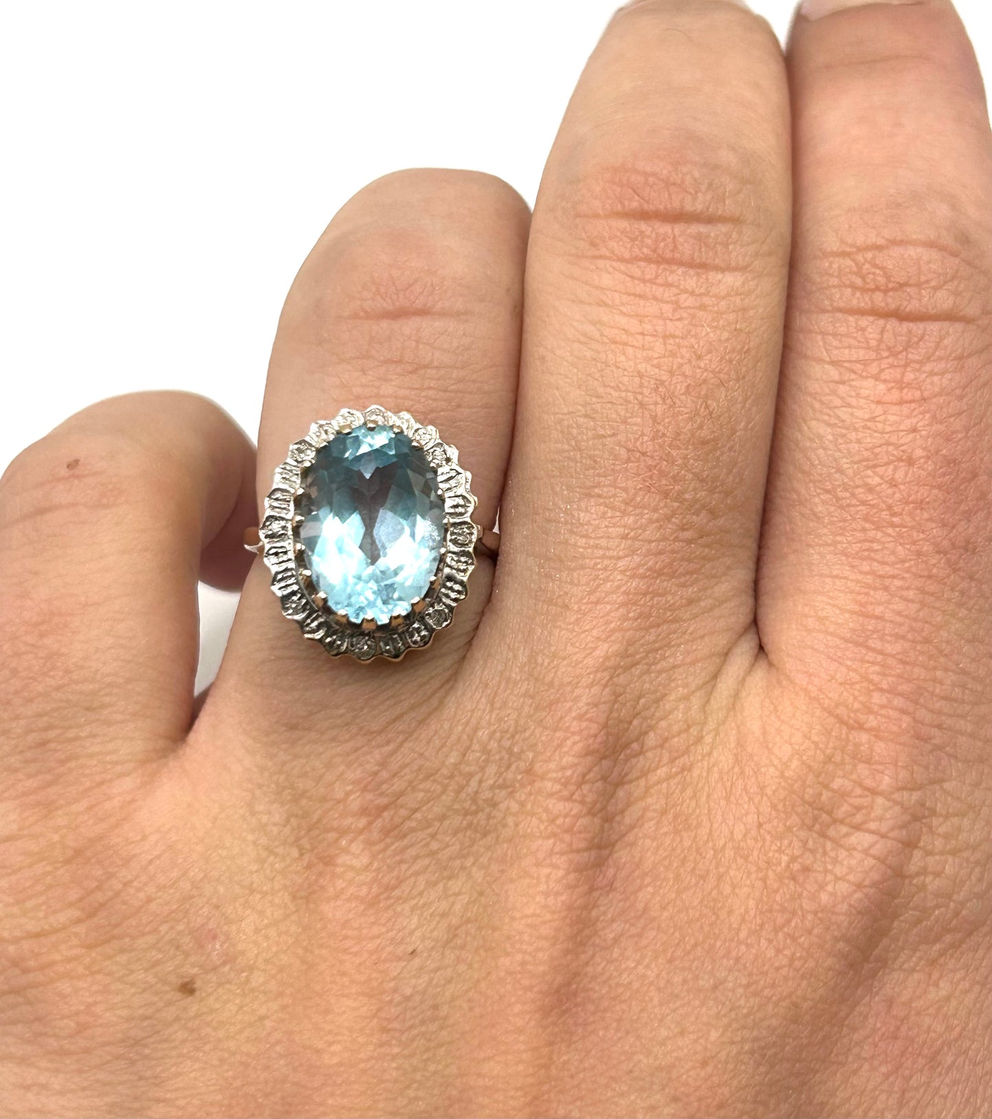 Large Vintage Oval Topaz 7.4ct Diamond Halo 9ct Gold Ring, Sheffield 1981 (M1/2)