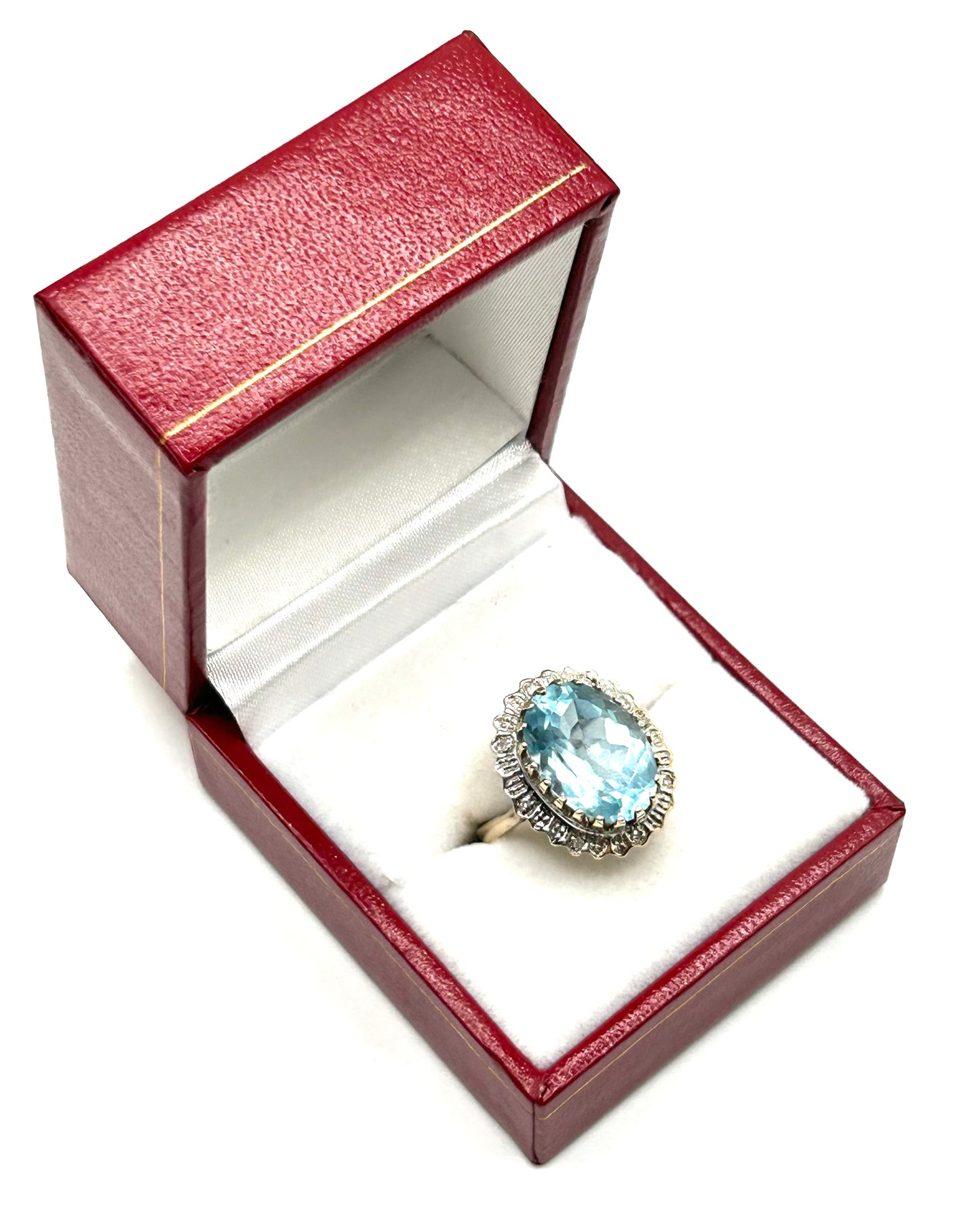 Large Vintage Oval Topaz 7.4ct Diamond Halo 9ct Gold Ring, Sheffield 1981 (M1/2)