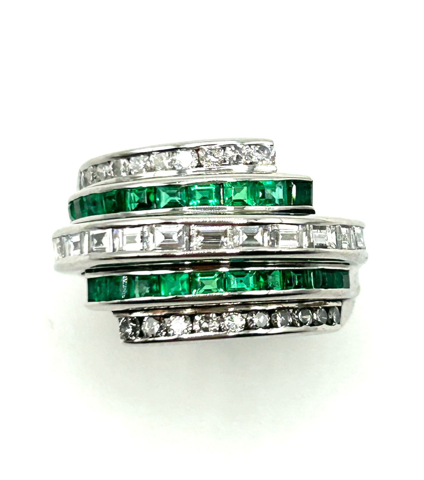 Art Deco Emerald & Diamond Bombe Dome Platinum Ring (N)