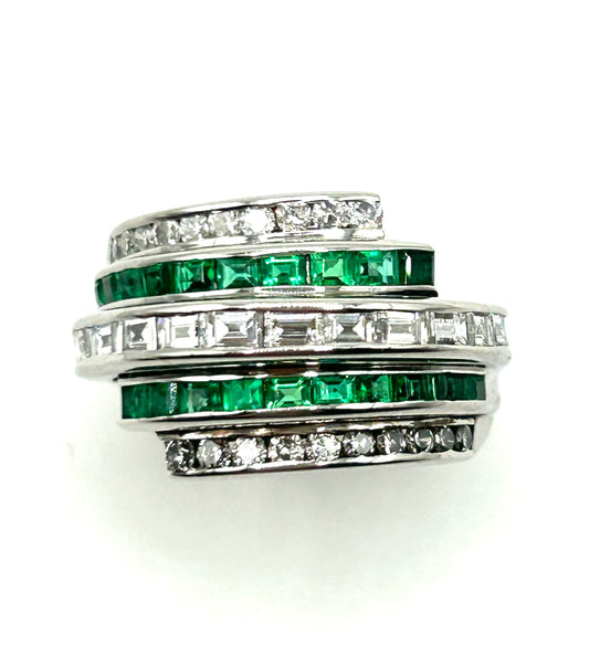 Art Deco Design Emerald & Diamond Bombe Dome Platinum Ring (N)
