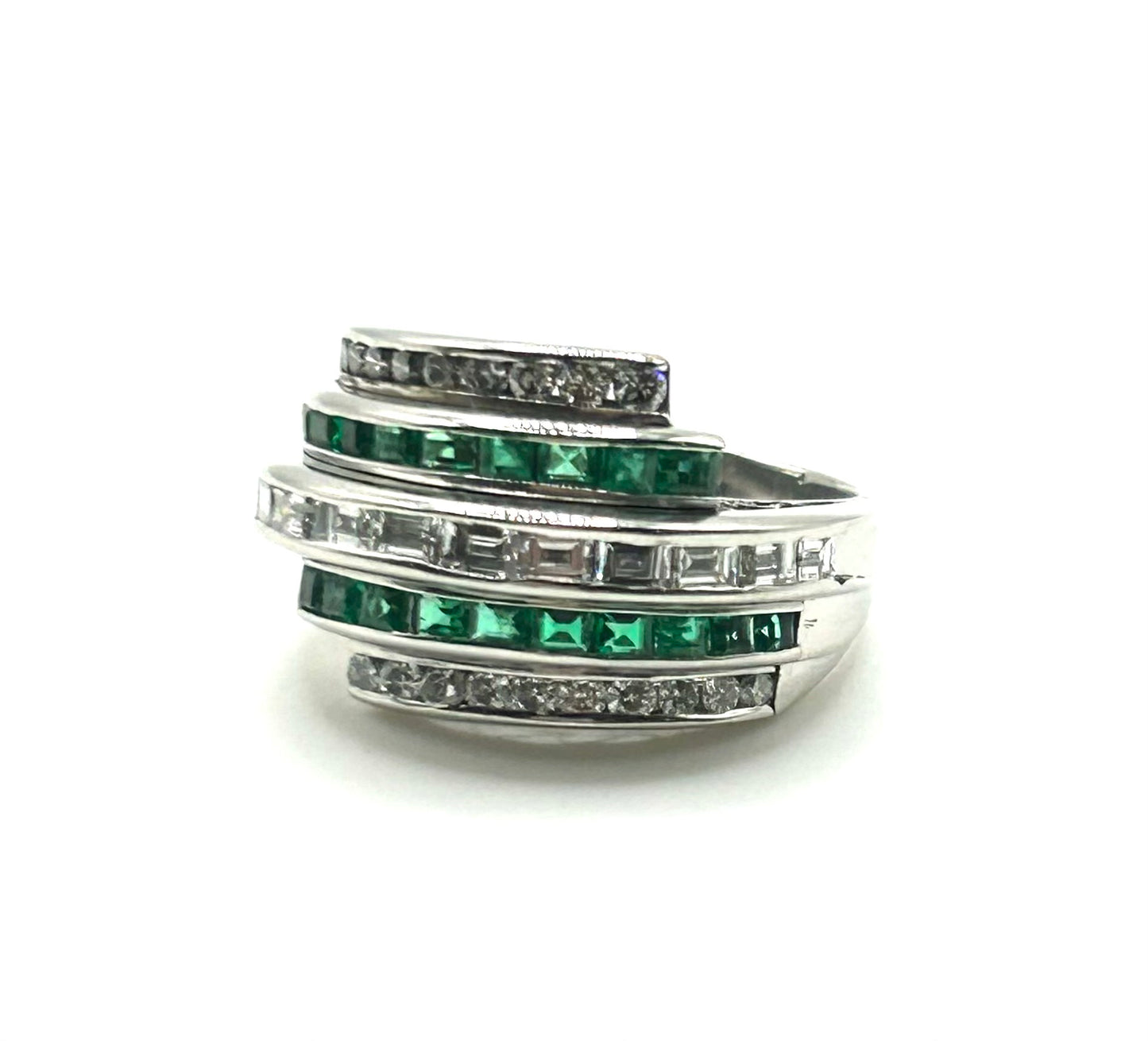 Art Deco Emerald & Diamond Bombe Dome Platinum Ring (N)