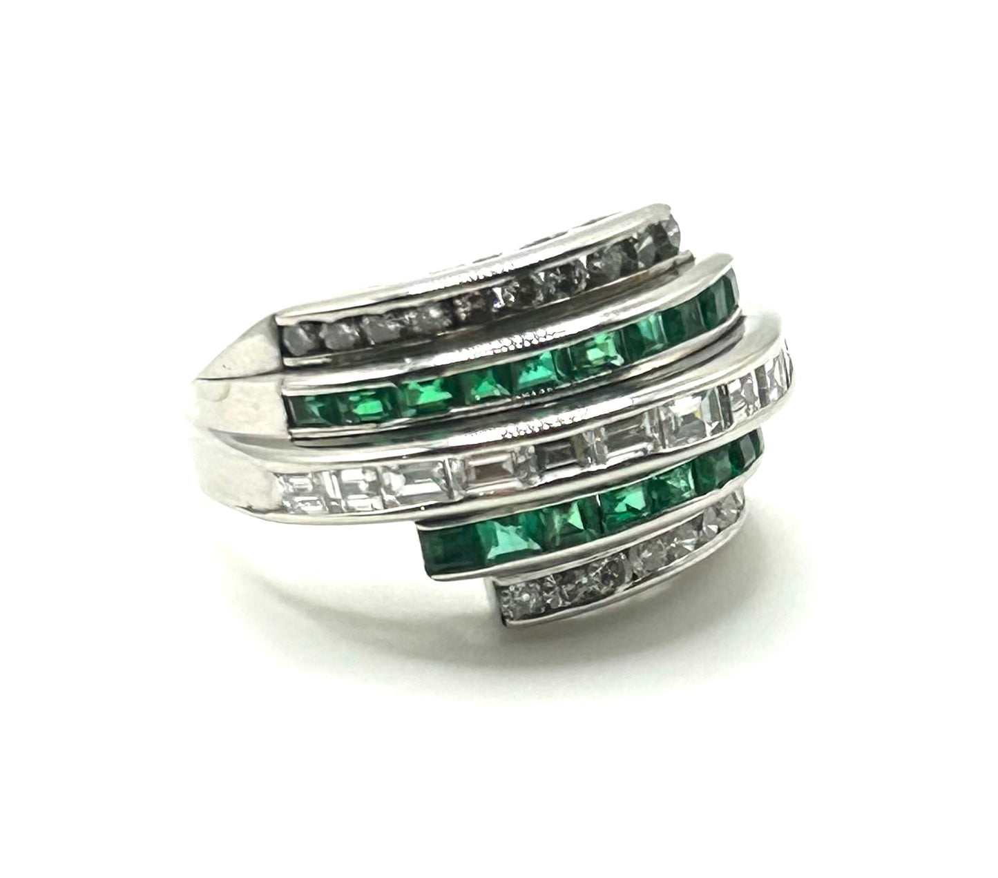 Art Deco Emerald & Diamond Bombe Dome Platinum Ring (N)