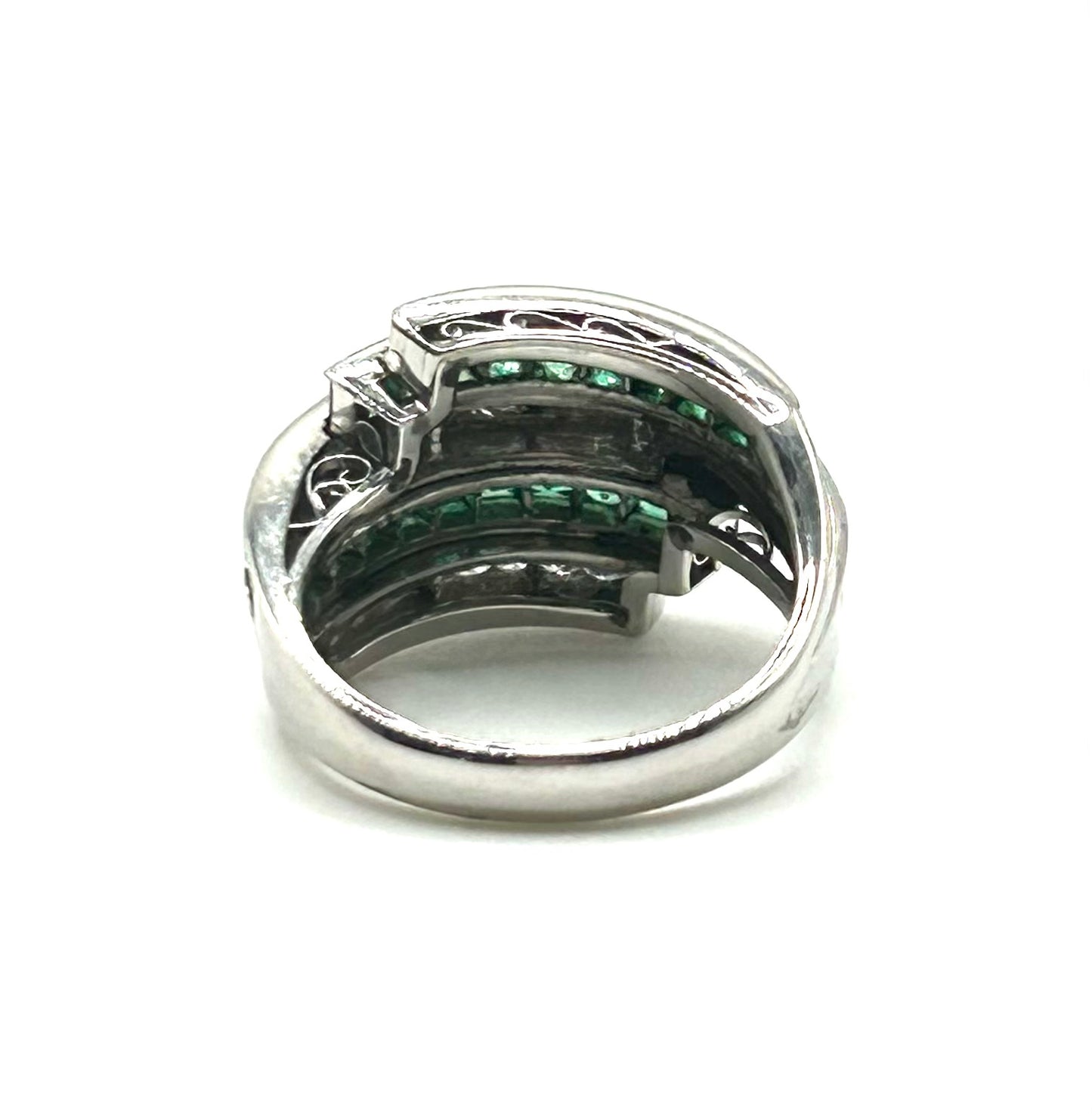Art Deco Emerald & Diamond Bombe Dome Platinum Ring (N)