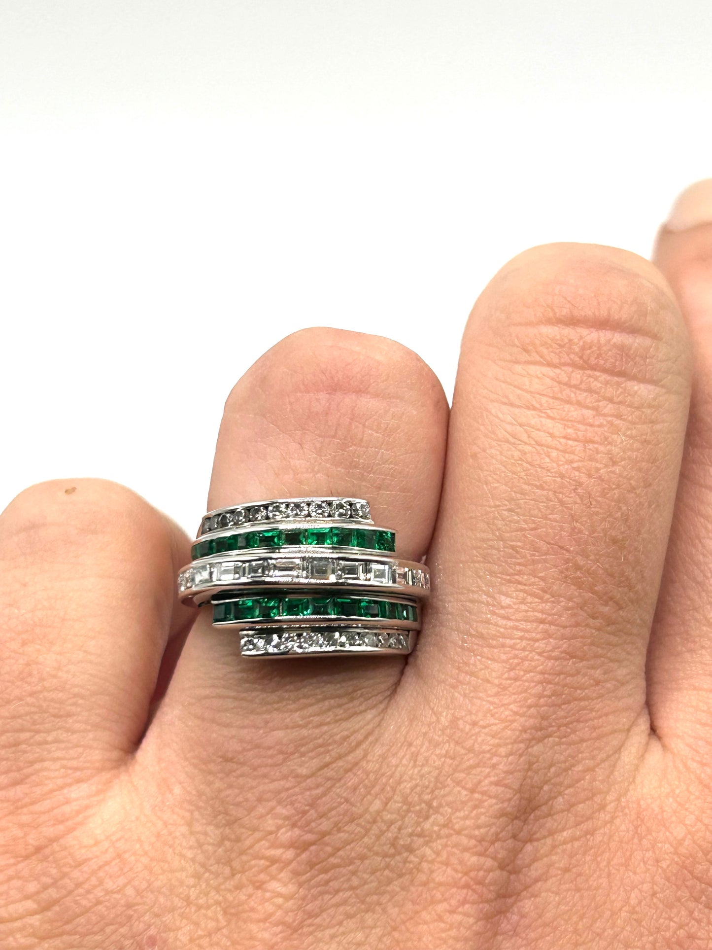 Art Deco Emerald & Diamond Bombe Dome Platinum Ring (N)