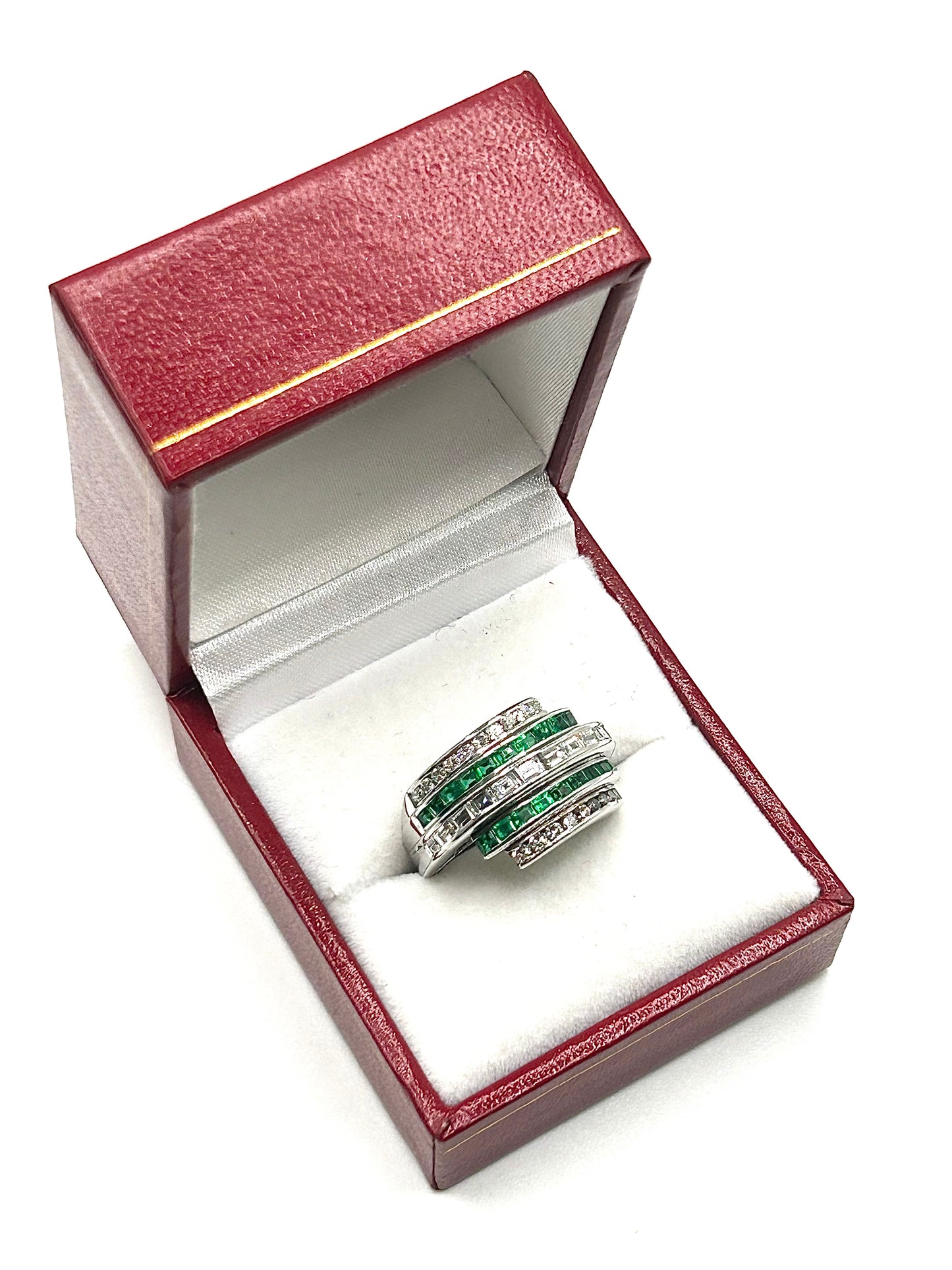 Art Deco Emerald & Diamond Bombe Dome Platinum Ring (N)