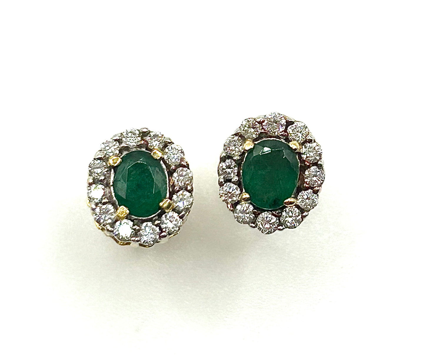 Natural Emerald with Diamond Halo Cluster 14ct Gold Stud Earrings