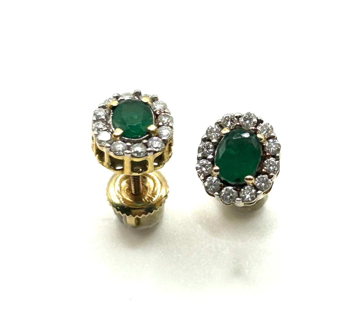 Natural Emerald with Diamond Halo Cluster 14ct Gold Stud Earrings