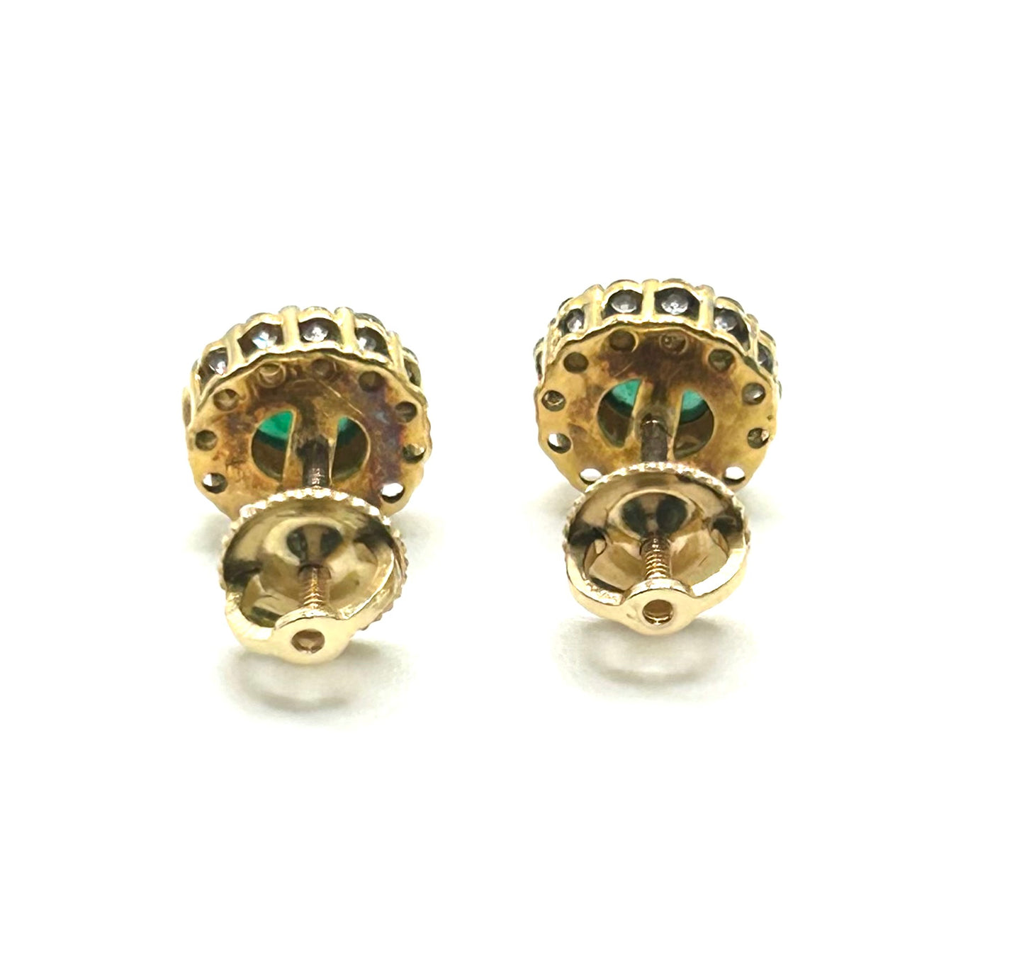 Natural Emerald with Diamond Halo Cluster 14ct Gold Stud Earrings