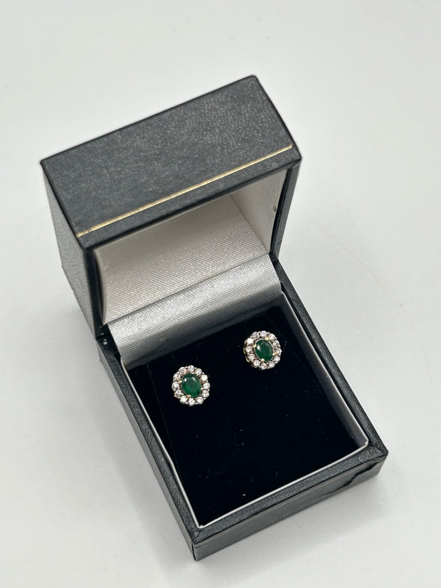 Natural Emerald with Diamond Halo Cluster 14ct Gold Stud Earrings