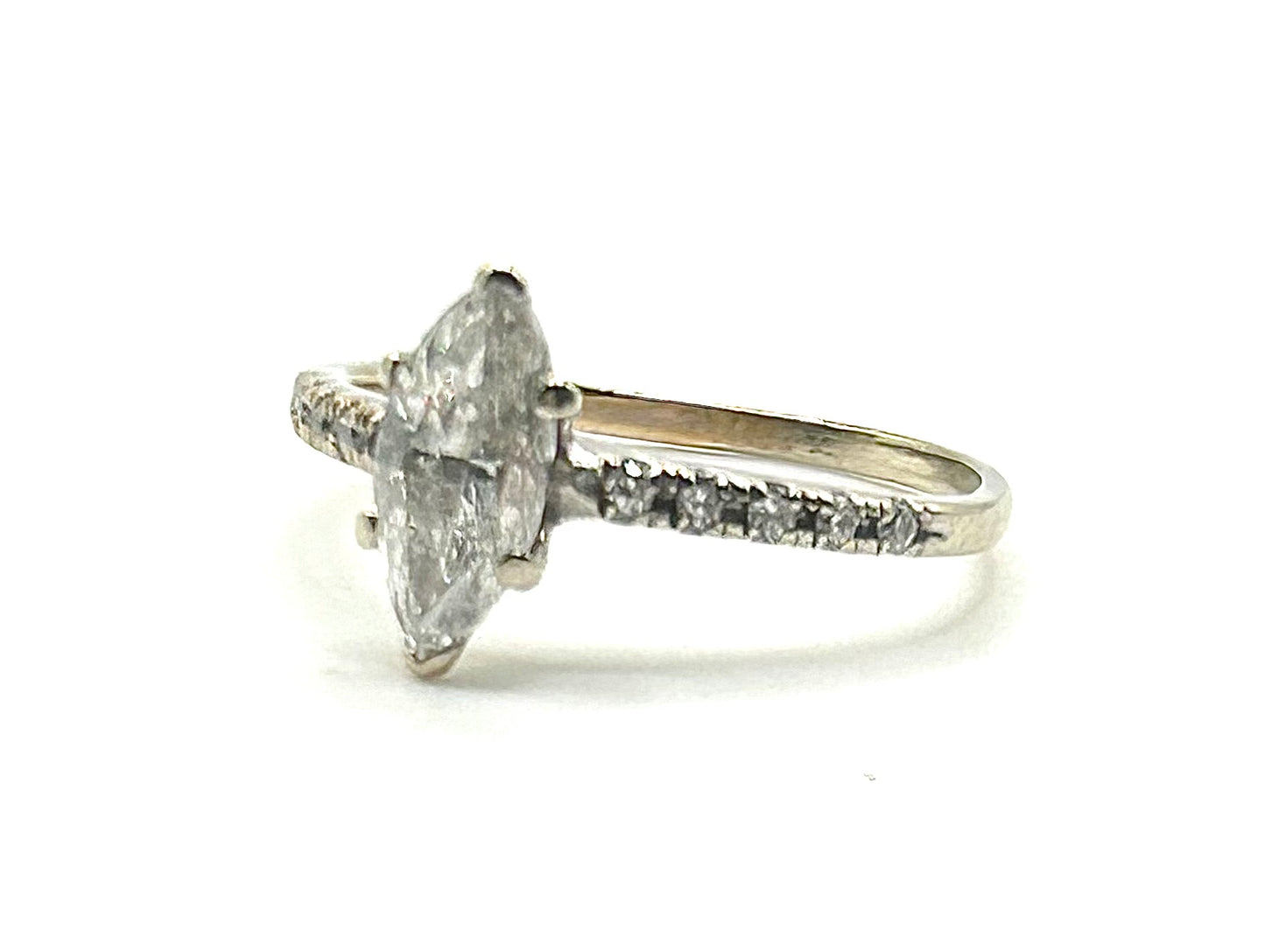 Marquise Cut Diamond Solitaire & Diamond Shoulders 14ct White Gold Ring (N)