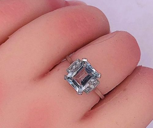 Emerald Cut Aquamarine & Diamond Accents on Platinum Ring (Size O)