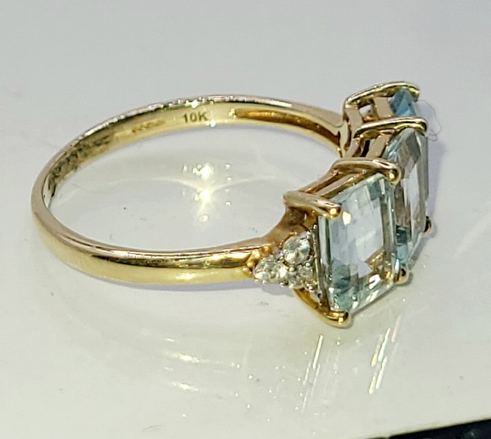 Emerald Cut Aquamarine & Diamond Trilogy 10ct Gold Ring (N1/2)