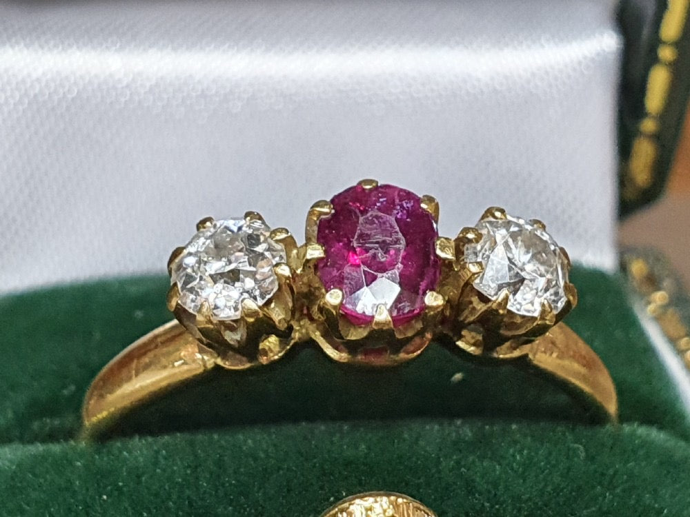 Antique Art Deco Ruby & Diamond Trilogy Ring 18ct Gold Band