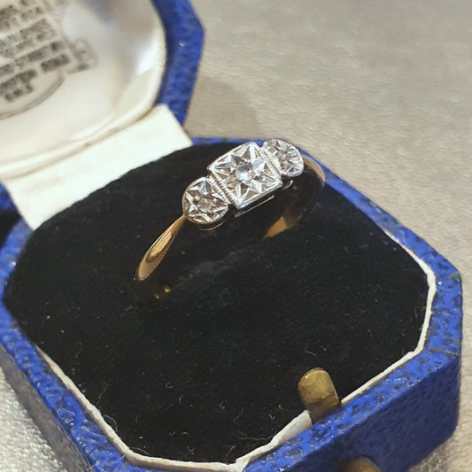Art Deco 1920s-30s Geometric Platinum Set Diamonds & 18ct Gold Ring