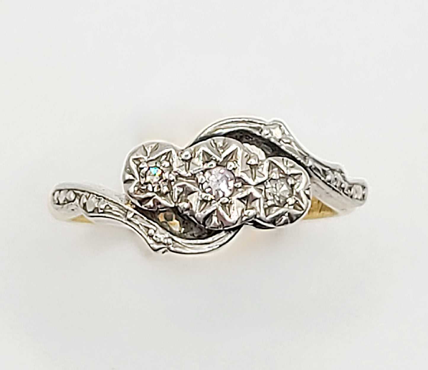 Art Deco Platinum Set Diamond Trilogy Swirl Ring 18ct Gold