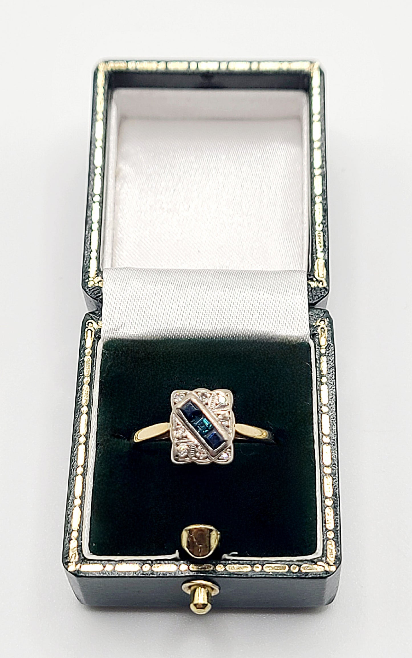 Art Deco Princess Sapphire & Diamond Platinum 18ct Gold Panel Ring