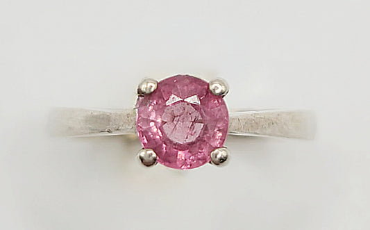 Round Cut Pink Tourmaline Solitaire on Sterling Silver Ring