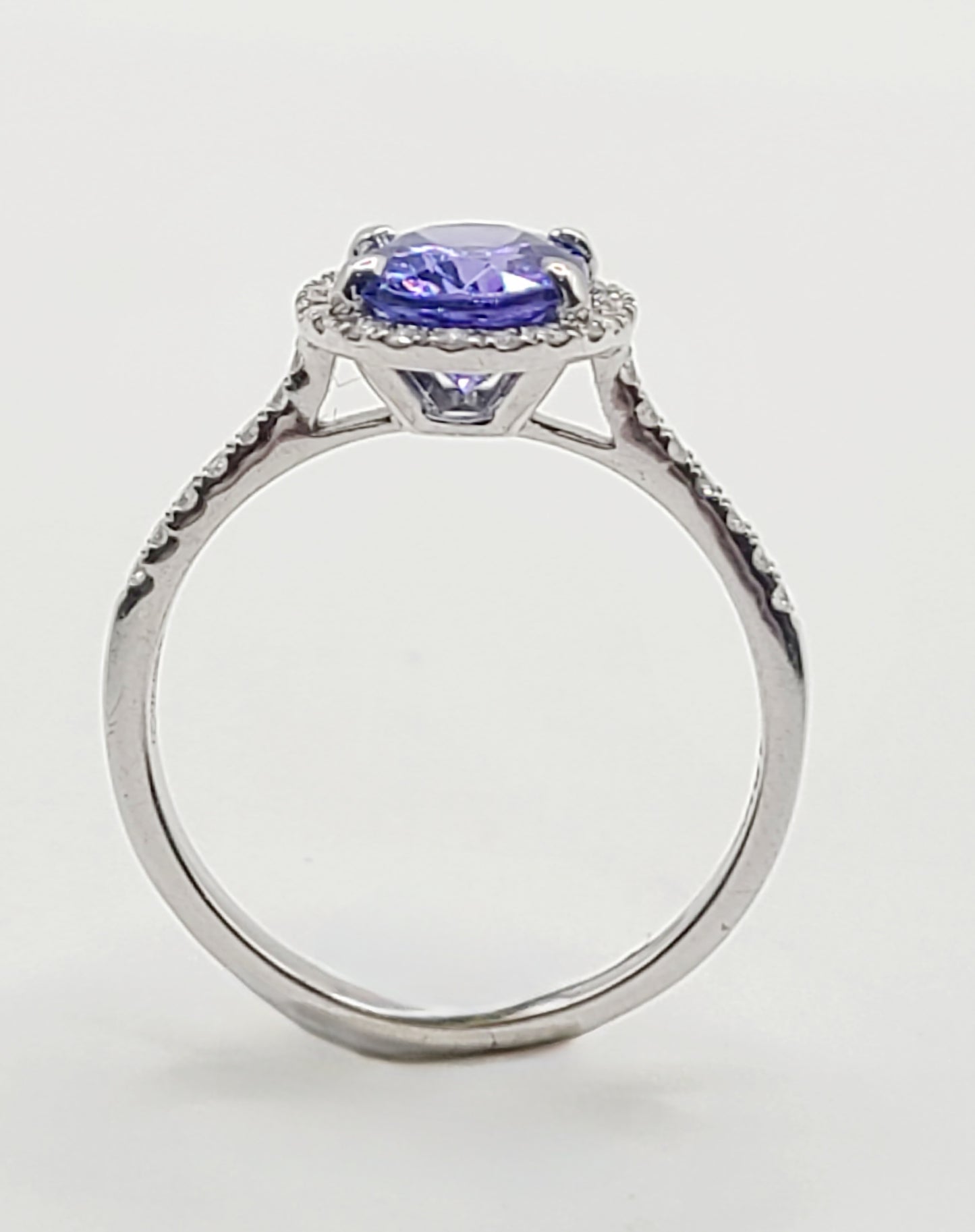 Tanzanite 1.5ct Solitaire with Diamond Halo & Shoulders 18ct White Gold Ring (P)