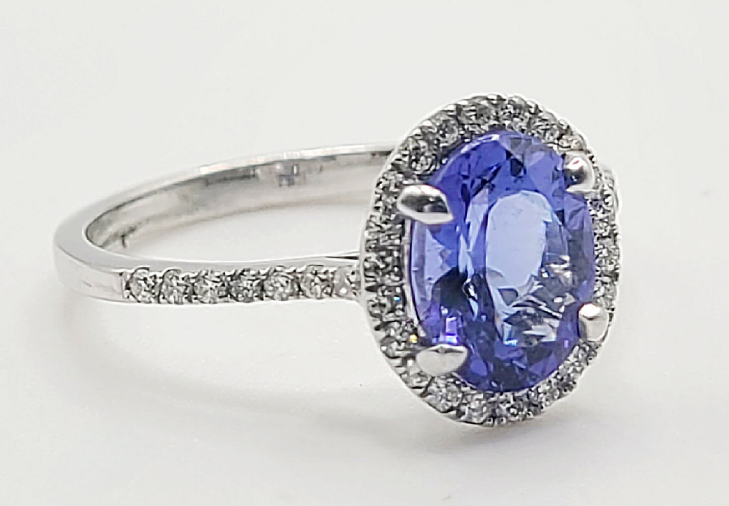 Tanzanite 1.5ct Solitaire with Diamond Halo & Shoulders 18ct White Gold Ring (P)