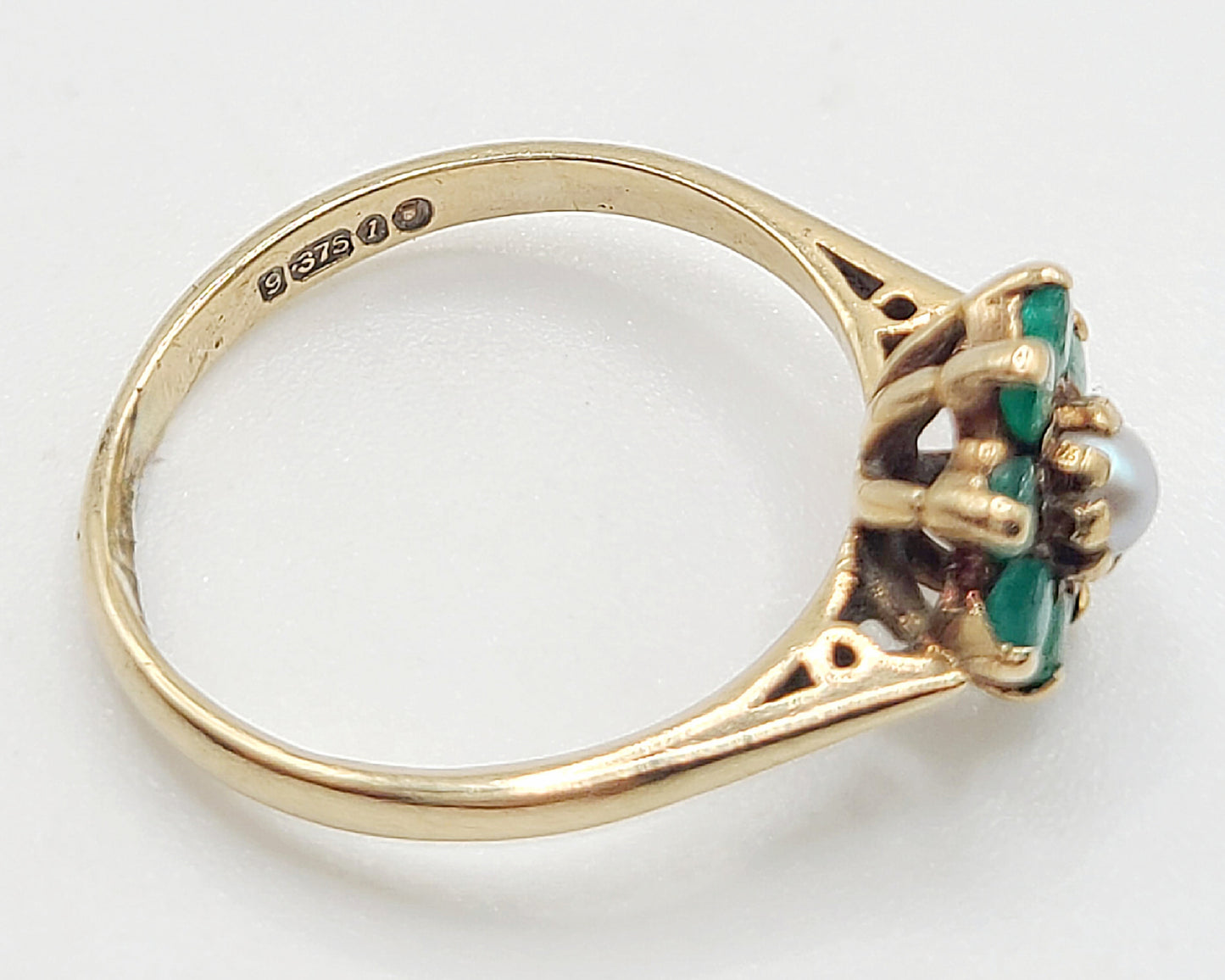 Natural Emerald & Cultured Pearl Cluster 9ct Gold Ring